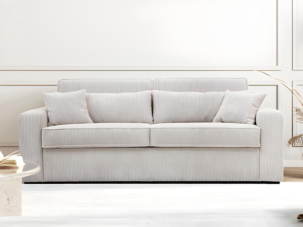Vente-unique Express-vierzitsslaapbank van beige ribfluweel - Bed met brede latten 160 cm - Matras 16 cm - MONDOVI