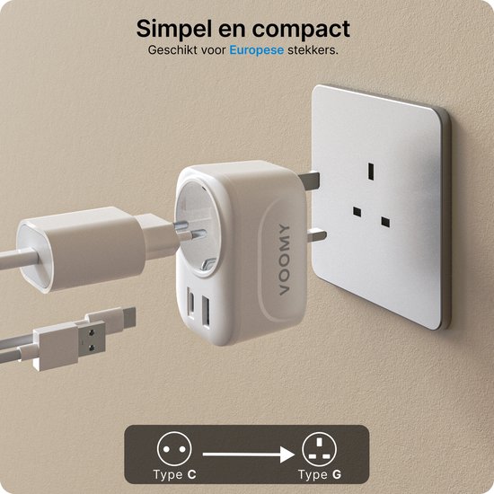 Voomy Reisstekker Engeland/UK - USB-C & USB-A - Wereldstekker Type G - Wit