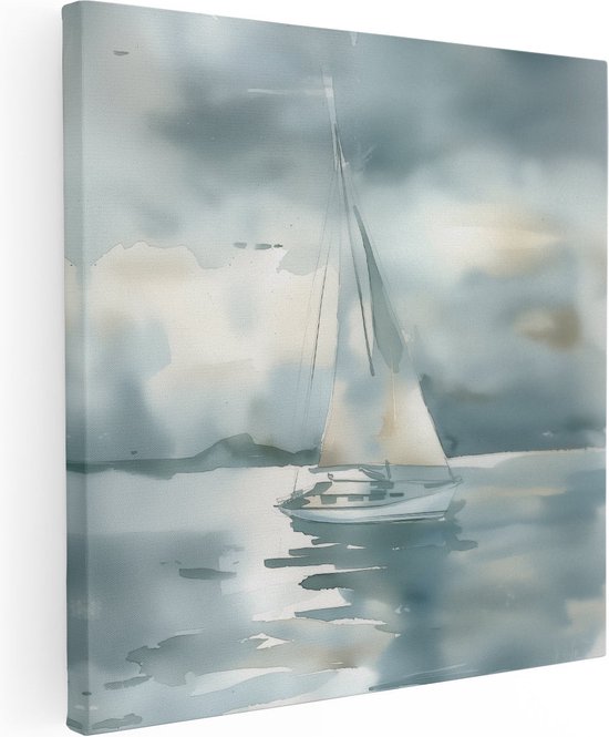 Artaza Canvas Schilderij Aquarelkunstwerk van een Zeilboot in het Water - 90x90 - Groot - Foto Op Canvas - Canvas Print