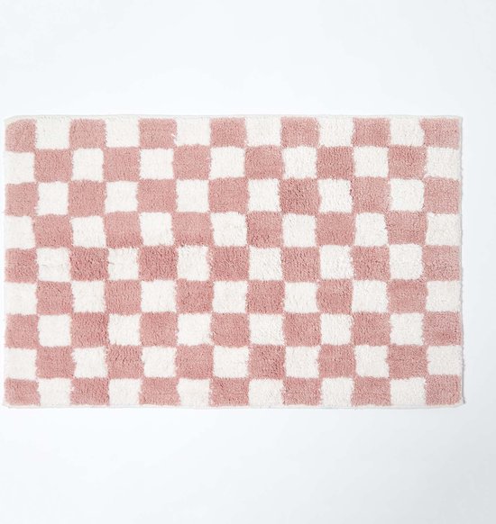 Homescapes Tapis de bain À carreaux antidérapant en 100% coton Rose, 50 x 80 cm