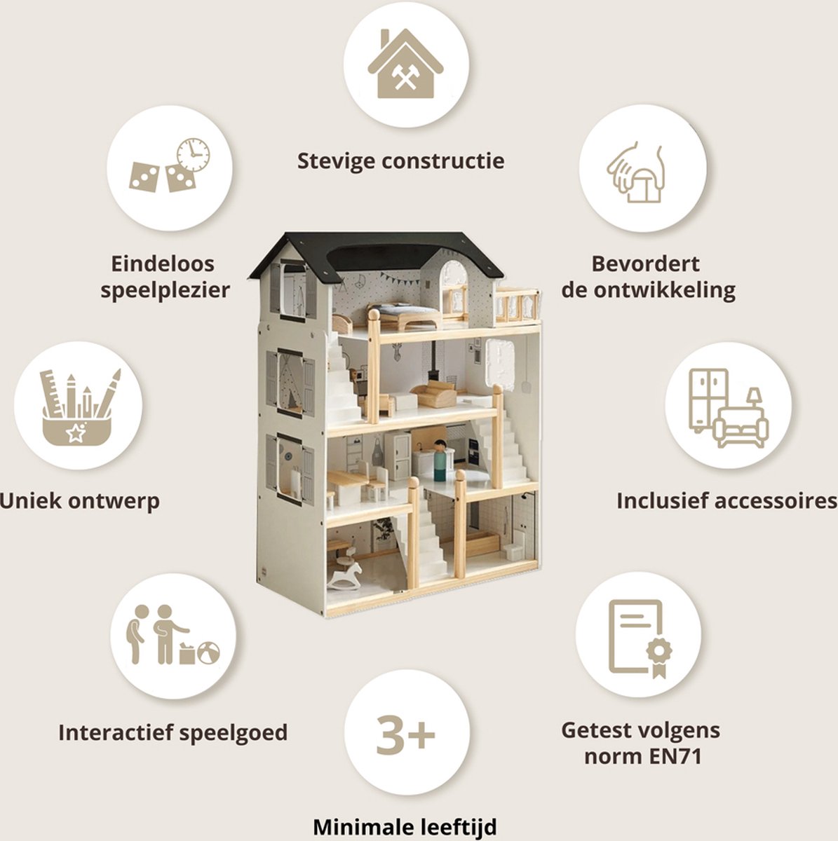 Petite Amélie Houten Poppenhuis - Zwart, grijs en wit - H.80 cm - Incl. 19 Poppenhuis Meubels – Voor een moderne speelwereld vol avonturen — afbeelding 5