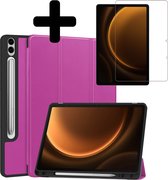 Hoes Geschikt voor Samsung Galaxy Tab S9 FE Plus Hoes Luxe Hoesje Case Met Uitsparing Geschikt voor S Pen Met Screenprotector - Hoesje Geschikt voor Samsung Tab S9 FE Plus Hoes Cover - Paars