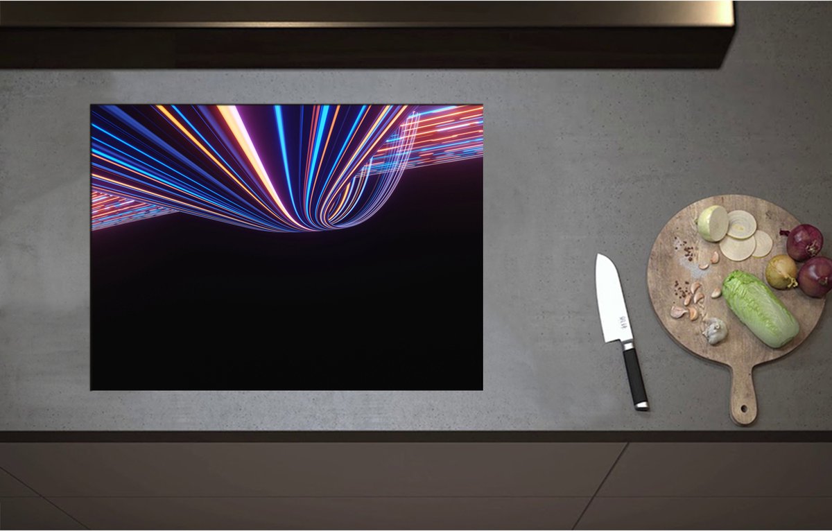 Inductieplaat Beschermer - Abstracte Neonkleurige Lijnen - 71x52 cm - 2 mm Dik - Inductie Beschermer - Bescherming Inductiekookplaat - Kookplaat Beschermer van Zwart Vinyl