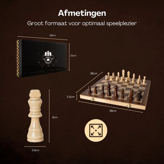 Wisely - Luxe Schaakspel - Schaakset XL - Schaken - Schaakbord Met Schaakstukken - Chess - Inclusief Boekje met Schaakstrategieën - Extra Koningin - Hout - Inklapbaar - 38cm bij 38cm - Wisely