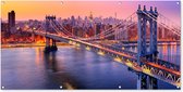 Wanddecoratie buiten New York - Brooklyn Bridge - Roze - 160x80 cm - Tuindoek - Buitenposter