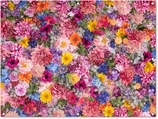 Tuinposter 120x90 cm - Tuindecoratie Bloemen - Kleuren - Collage - Poster voor in de tuin - Buiten decoratie - Schutting tuinschilderij - Tuindoek muurdecoratie - Wanddecoratie balkondoek