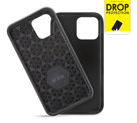 Coque de téléphone noire, intérieur avec motif géométrique. 'Certified Drop Protection'.