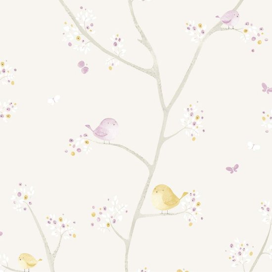 Tissu Casadeco My Little World oiseau violet gris citron