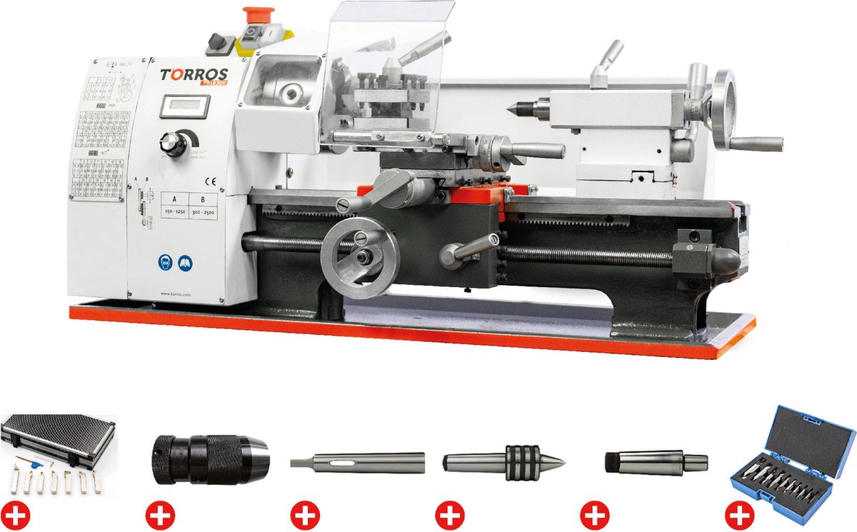 Metaaldraaibank centerhoogte 100 mm centerlengte 300 mm spilboring 21 mm 0,6 kW 230V met essentiële toebehoren Torros PACK TR1830V