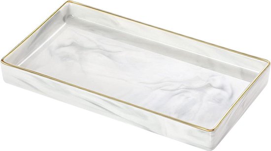 Vanity Tray Marble Ceramic Jewelry Dish Tray with Golden Edged Home Décor Organizer for Candles Perfume - White Color marble tray