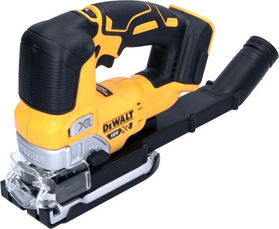 De gele en zwarte DeWalt 18V XR decoupeerzaag met een stofafzuigbuis.