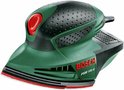 Groene Bosch PSM 100 A multischuurmachine met zwarte details en een rode knop.