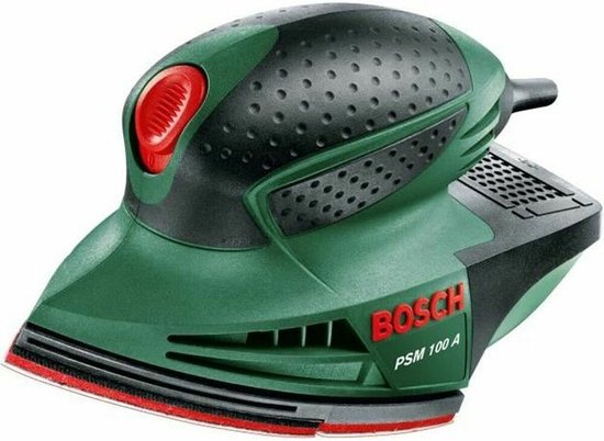 Groene Bosch PSM 100 A multischuurmachine met zwarte details en een rode knop.
