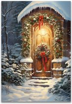 Allernieuwste.nl® Canvas Schilderij Kerstkrans op de Deur - Kerstmis - Kerstdagen - 30 x 40 cm - kleur