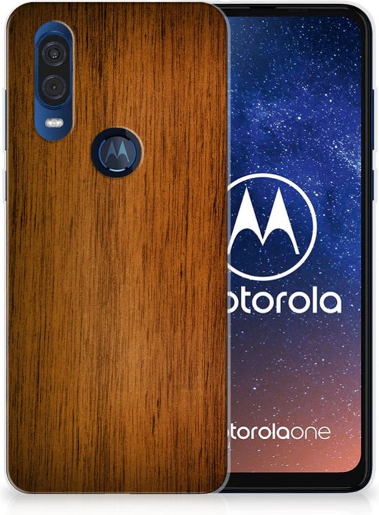 Motorola One Vision Bumper Hoesje Donker Hout