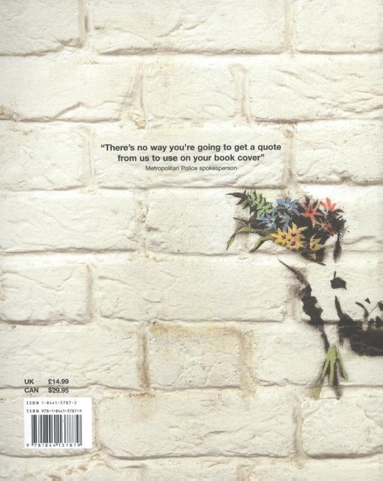 Boekomslag met bakstenen muur, tekst, en een stencil van bloemen.