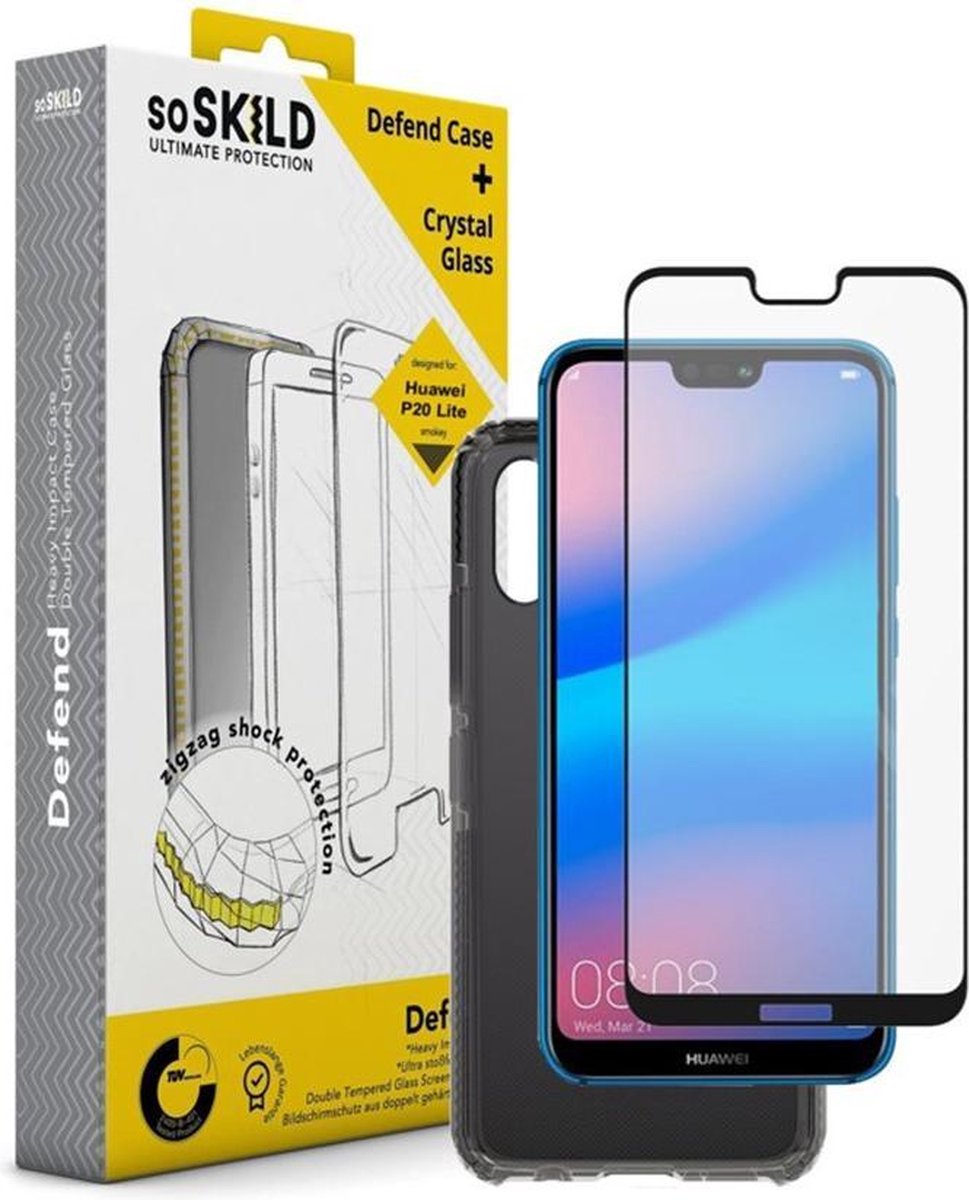 SoSkild Huawei P20 Lite Defend Heavy Impact Case Smokey Grey and Tempered Glass (black)