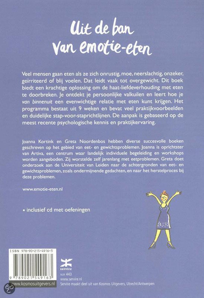 Achterpagina van het boek 'Uit de ban van emotie-eten' met illustratie van een vrouw.