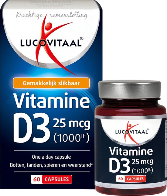 Lucovitaal Vitamine D3 25 mcg (1000 IE) 60 capsules. De doos en de fles worden getoond.