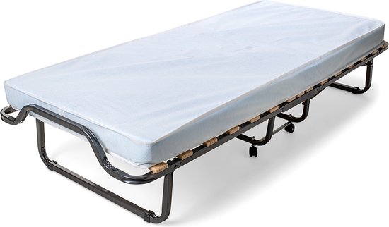 Wicotex – By Charmar Vouwbed – 80x200cm – Eenpersoonsbed – Logeerbed – Opklapbed - Inklapbaar bed – Logeermatras – Zwart stalen frame met wielen – Inclusief matras 10.5 cm dik – inclusief beschermhoes