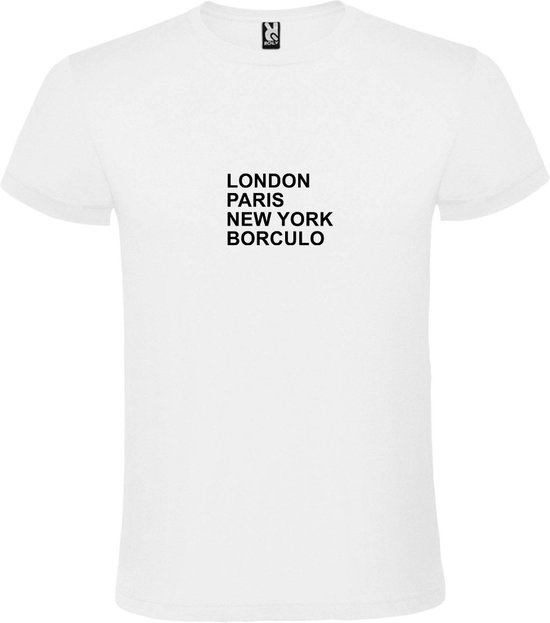 Wit T-Shirt met “ LONDON, PARIS, NEW YORK, BORCULO “ Afbeelding Zwart Size XXXXL