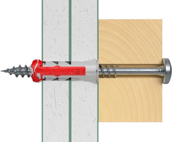 Illustratie van een fischer plug met rode en grijze delen, gemonteerd in een muur met een schroef.