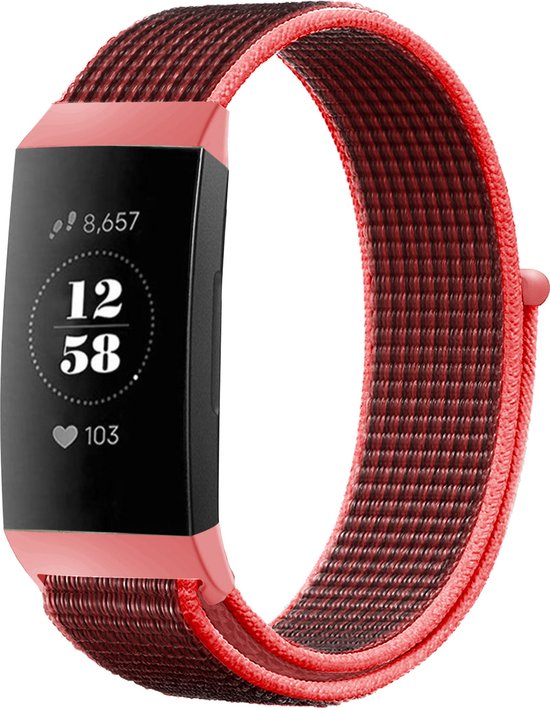 Strap-it Nylon bandje - geschikt voor Fitbit Charge 3 / Fitbit Charge 4 - zwart/rood