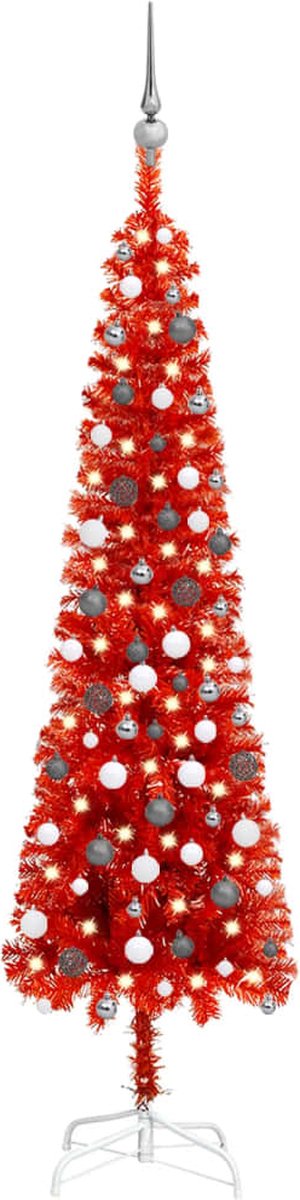 Prolenta Premium - Kerstboom met LED's en kerstballen smal 210 cm rood