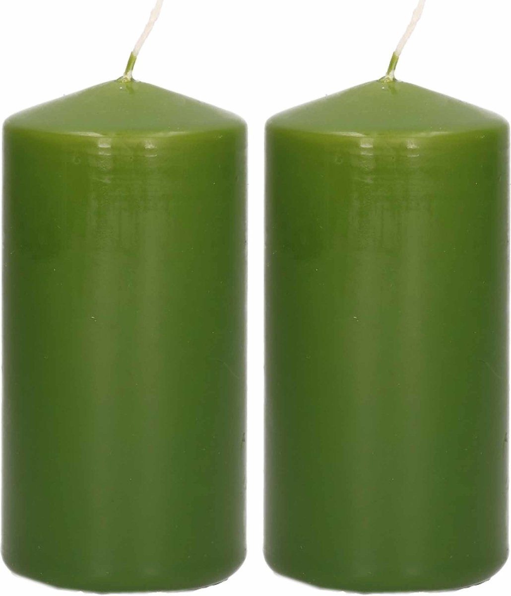 Trend Candles Cilinderkaars/stompkaars - 2x - olijfgroen - 6 x 12 cm - 40 branduren - met brandvertragende folie