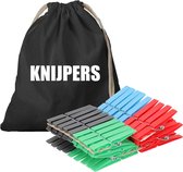 Canvas knijperzak/ opbergzakje knijpers zwart met koord 25 x 30 cm en 72 plastic wasknijpers - Knijperzak met knijpers