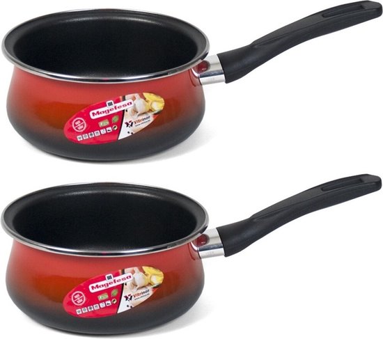 Set van 2x stuks steelpan - 16 cm - sauspan - juspan met anti-aanbaklaag - rood