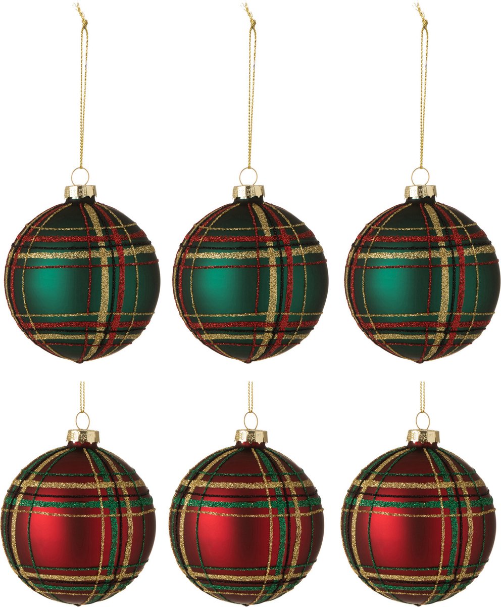 J-Line Doos Van 6 Kerstballen Geruit Glas 3Rood/3Groen Small