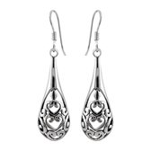 Zilveren oorbellen | Hangers | Zilveren oorhangers, sierlijk bewerkte druppelvorm met hartjes
