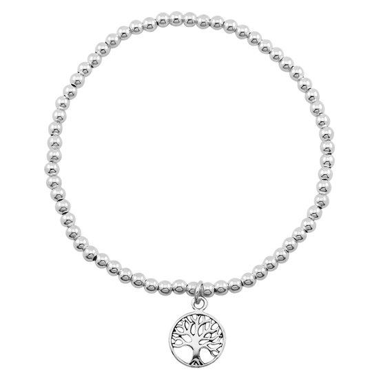 Zilveren armband dames | Zilveren armband van elastiek met zilveren bolletjes en tree of life