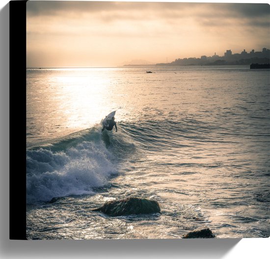 WallClassics - Toile - Surfeur en mer sur la côte - 30x30 cm Photo sur toile (Décoration murale sur toile)