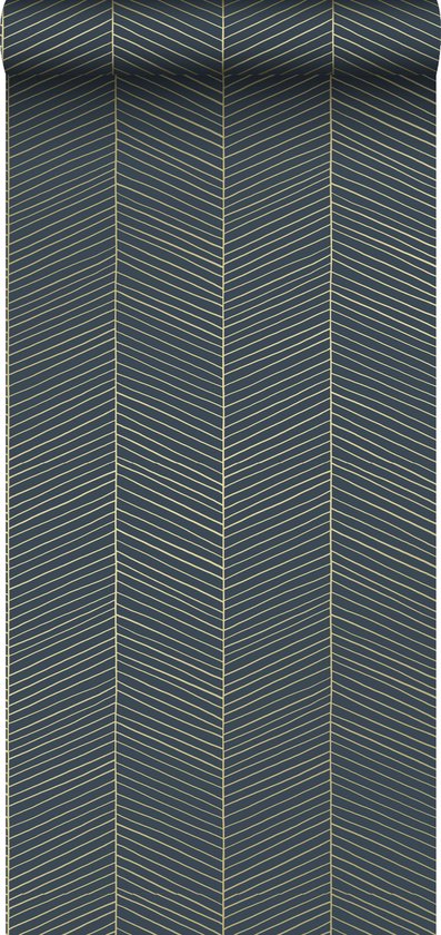 ESTAhome behang visgraat-motief donkerblauw en goud - 139452 - 0,53 x 10,05 m