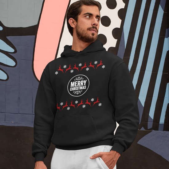 Sweat à capuche de Noël Rennes - Merry Christmas Round - Couleur Zwart - ( TAILLE 5XL - UNISE FIT ) - Costumes de Noël pour femmes et hommes