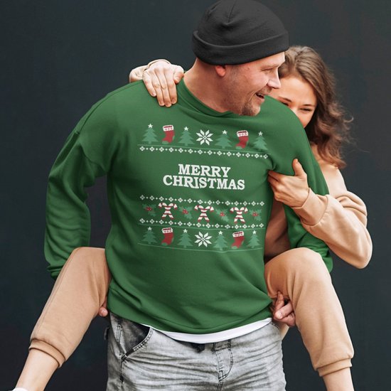 Kersttrui Candy Cane - Met tekst: Merry Christmas - Kleur Groen - ( MAAT XS - UNISEKS FIT ) - Kerstkleding voor Dames & Heren