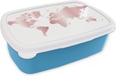 Broodtrommel Blauw - Lunchbox - Brooddoos - Wereldkaart - Roze - Kinderen - Jongens - Meisjes - 18x12x6 cm - Kinderen - Jongen