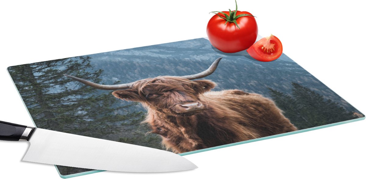 Glazen Snijplank - 39x28 - Schotse hooglander - Bos - Bergen - Snijplanken Glas