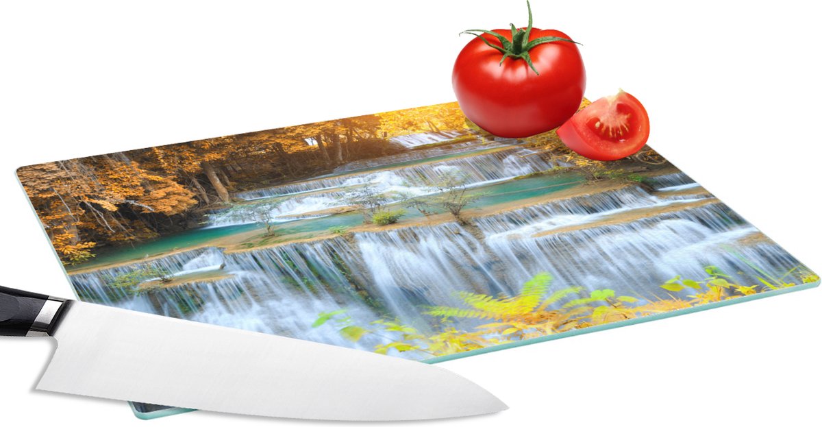 Glazen Snijplank - 28x20 - Waterval - Herfst - Bomen - Bruin - Water - Snijplanken Glas