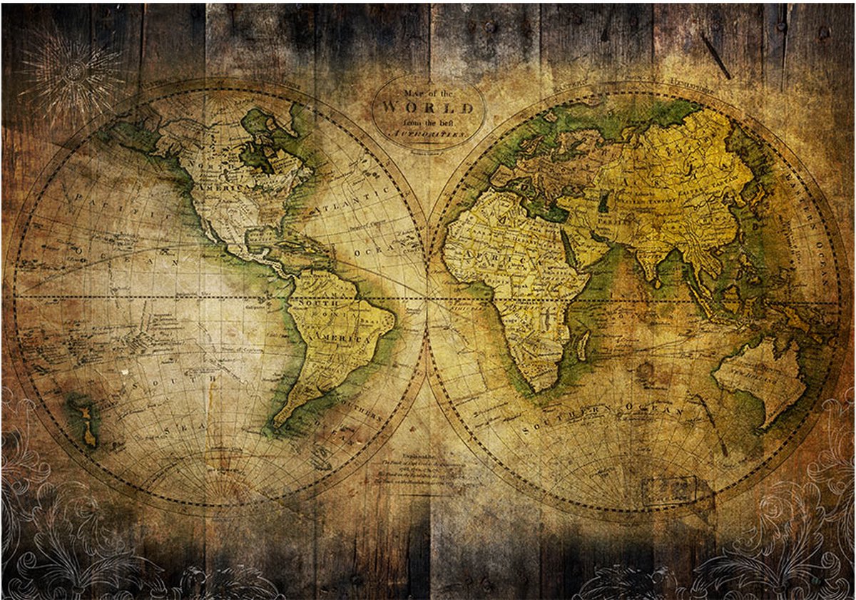 Fotobehangkoning - Behang - Vliesbehang - Fotobehang Wereldkaart - Oude Kaart van de Wereld - 400 x 280 cm