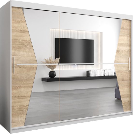Kledingkast met witte deuren, spiegel en houten accenten. De kast heeft zilverkleurige handgrepen.