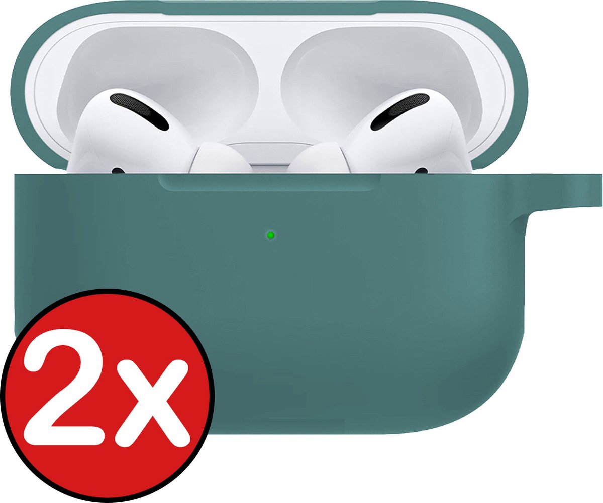 Hoesje - 2 Stuks - Geschikt voor Apple AirPods Pro 2 - Siliconen Hoes met Clip - Silicone Case Cover - Donkergroen