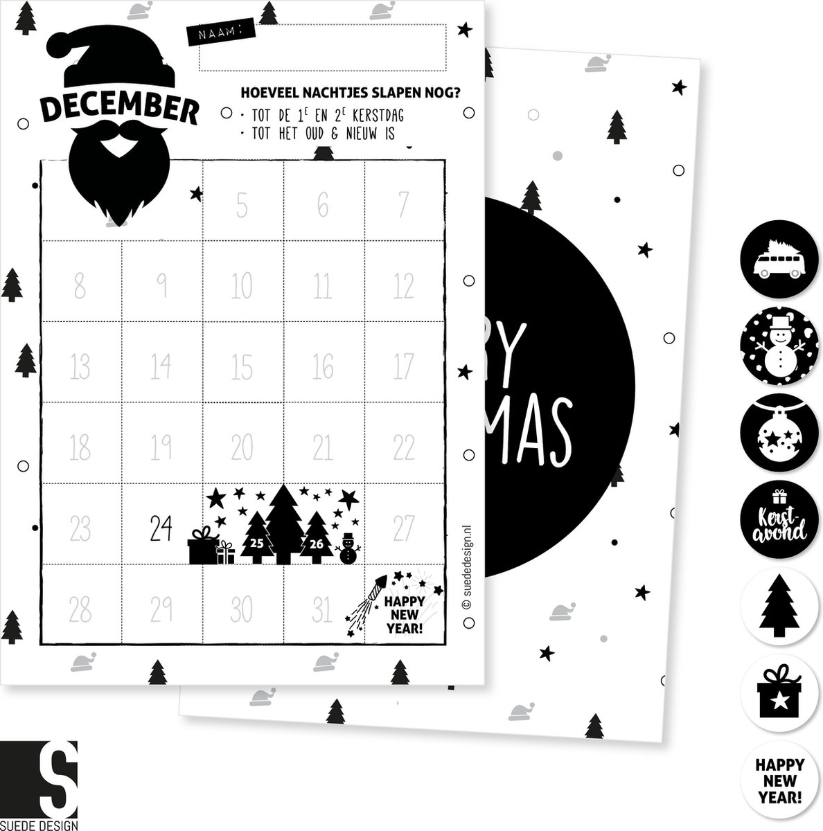 December aftelposter | Kerst en Oud&Nieuw | Suede design aftelkalender A4 Aftelkalender voor Kerst en Oud & Nieuw in suède design op A4-formaat