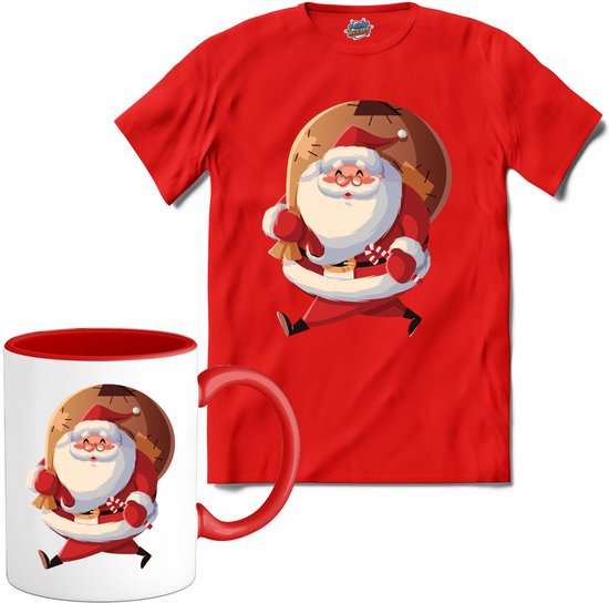 Kerstman - T-Shirt met mok - Meisjes - Rood - Maat 12 jaar