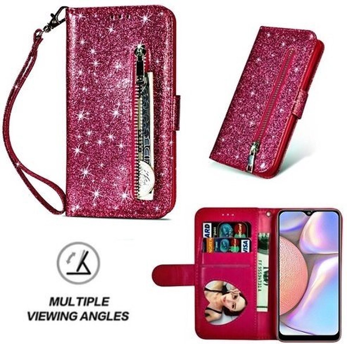 Samsung A10s Glitter Hoesje Met Pasjeshouder Bookcase Roze