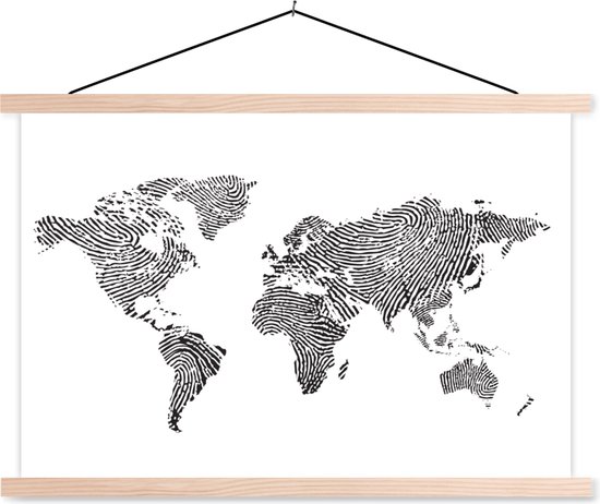 Wereldkaart vingerafdruk zwart wit schoolplaat platte latten blank 150x100 cm - Foto print op textielposter (wanddecoratie woonkamer/slaapkamer)