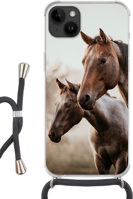 Convient pour Apple iPhone 14 Plus - Étui bandoulière - Paarden - Nature - Marron - Siliconen - Bandoulière - Coque arrière avec cordon - Étui de téléphone avec cordon - Étui avec corde