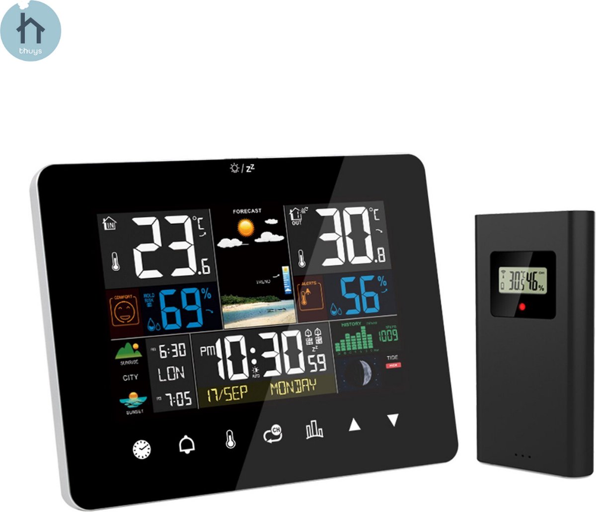Temperatuurmeter Binnen - Weerstation Voor Binnen En Buiten - Draadloos Weerstation - Touchscreen - 60m Bereik - Weergave Maanstand - Zwart